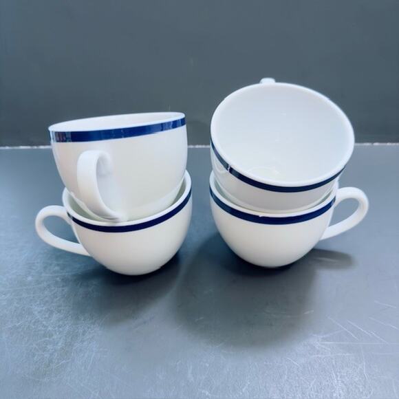 Williams-Sonoma Flat Cup Brasserie Blue Set of 4 White w/Blue Band Japan - Picture 13 of 14